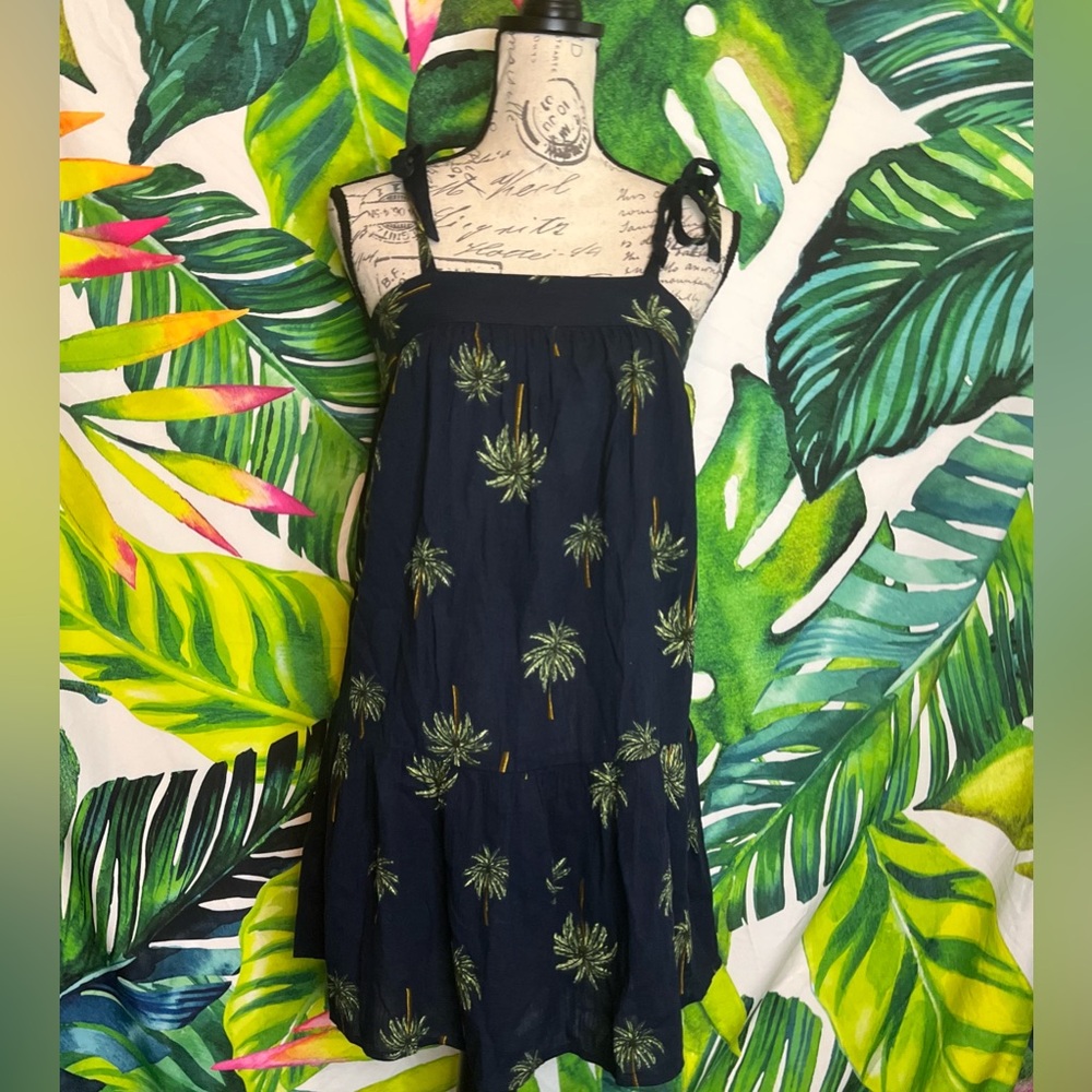 LOFT Beach XS Dark Blue Green Palm Tree Print Adjustable Strap Tunic Cover Up